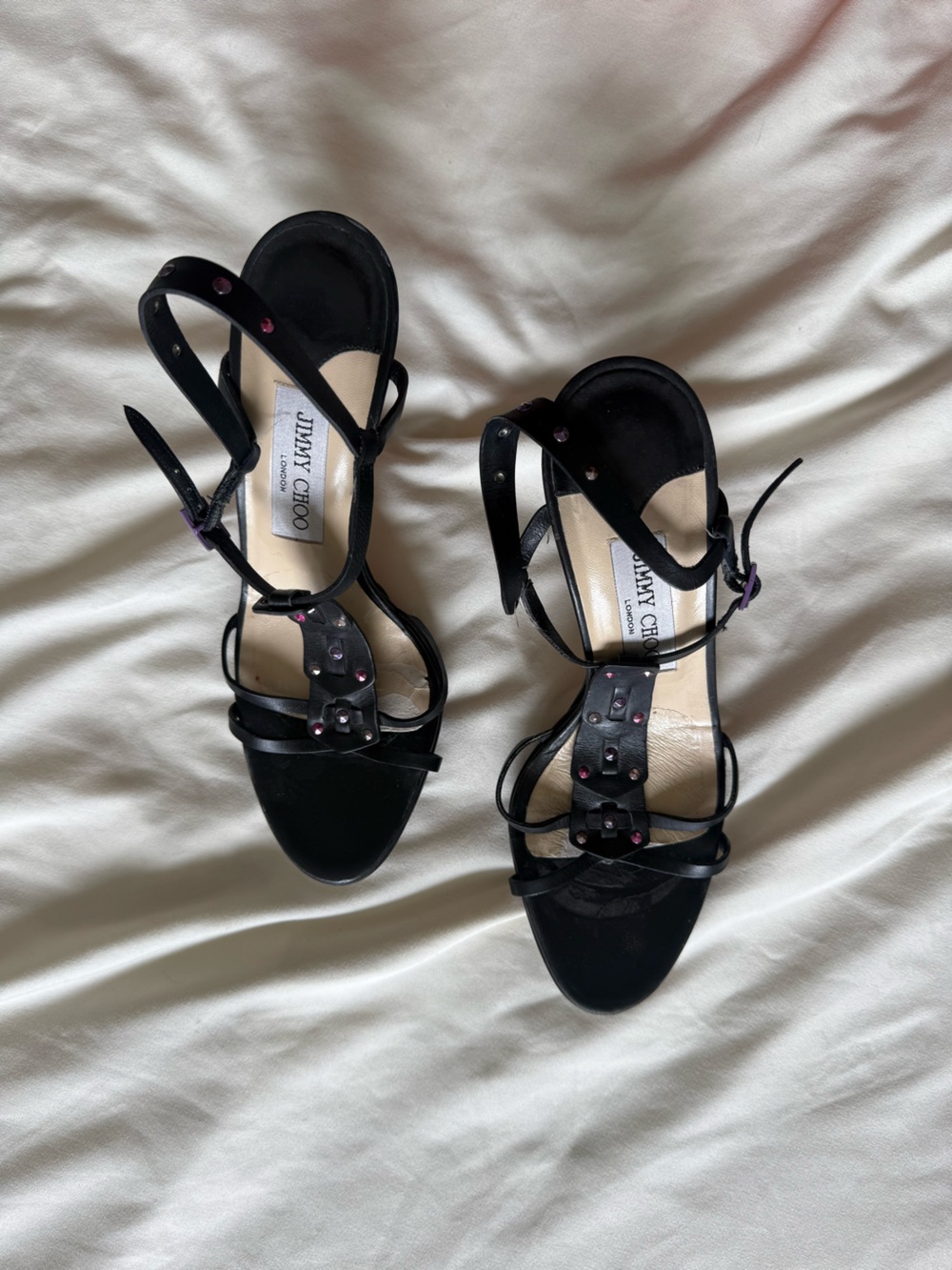 Jimmy Choo | Y2K Black Rhinestone Studded Sandals with pink/purple sandals |